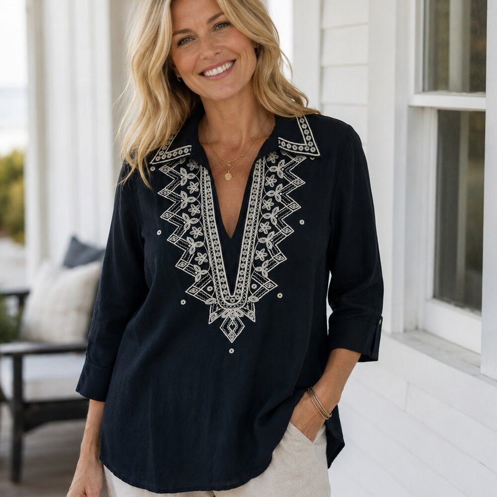 Talbots Embroidered Collared Top Womens Size 10 Petite Navy Cotton Silk V Neck